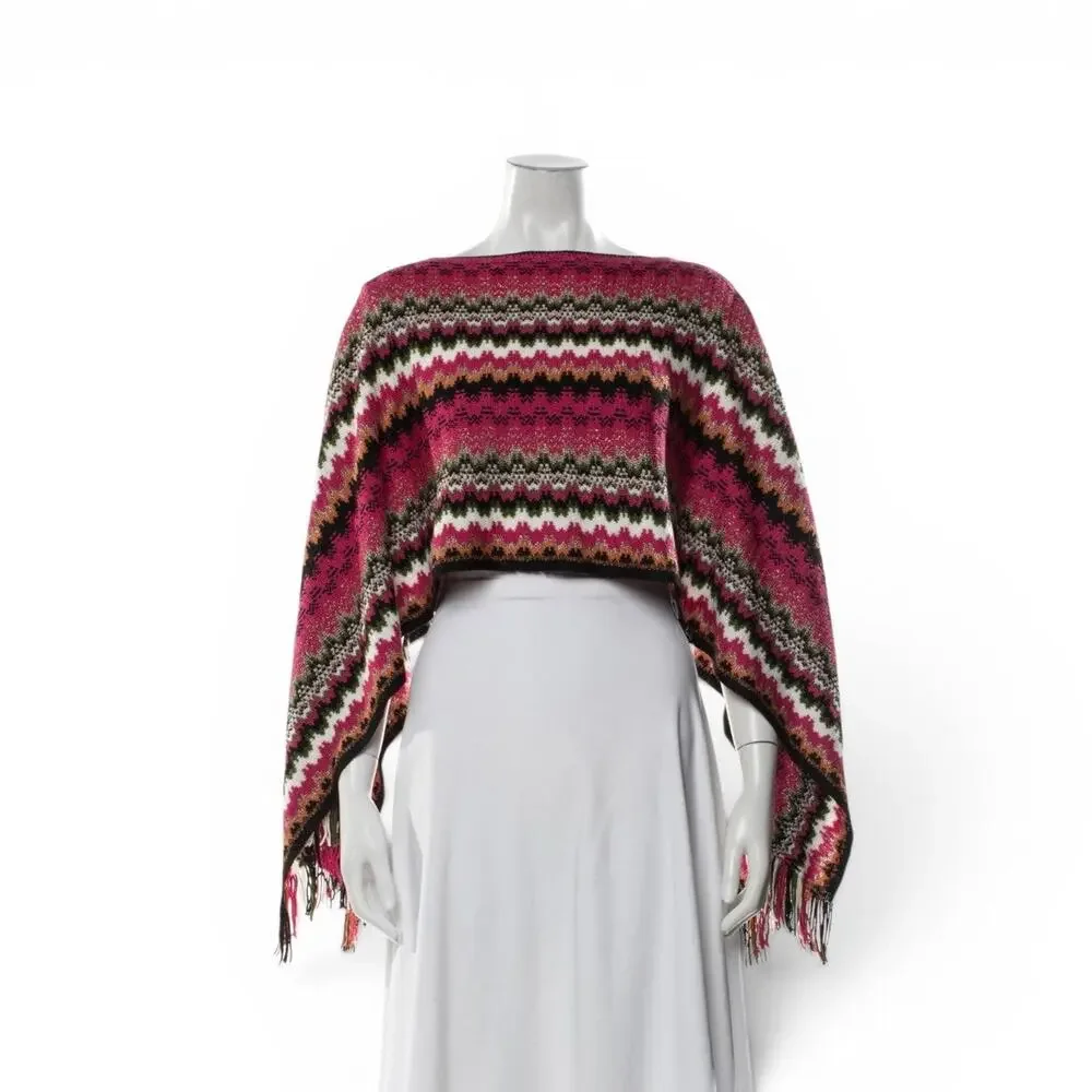 Missoni Red Multicolor Wool Striped Poncho Scarf
